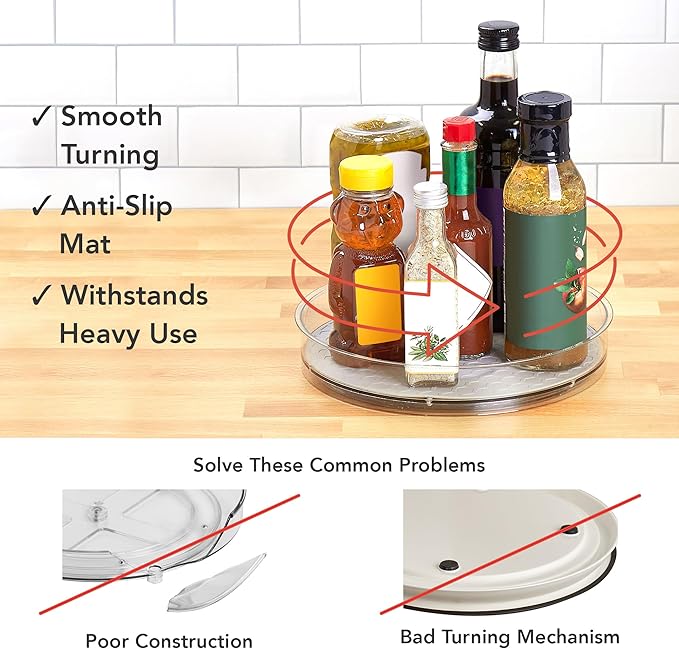 Spectrum Medium Lazy Susan Organizer 9.5 in for Cabinet Refrigerator Pantry Table Rotating Kitchen Storage Spice Rack Fridge Organization, Oyster Gray Spinning Turntable for Sauces Jams Condiments