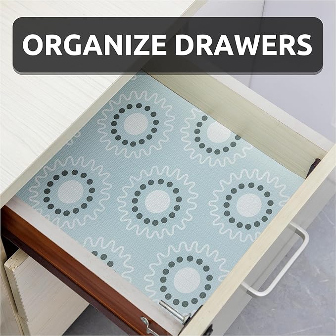 18X96 Inch Shelf Liner for Kitchen Cabinets, PVC Drawer Liner for Dresser Non-Slip Bathroom, Non-Adhesive Cabinet Liner Washable (Blue Circle)(5 Roll)