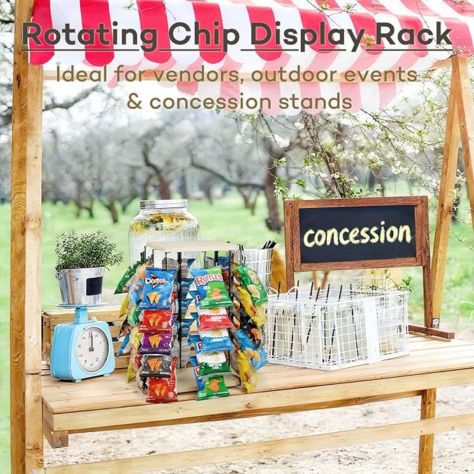 Funturbo Chip Rack Display Stand, 360°Rotating Chip Bag Holder with 5 Tiers 40 Clips, Snack Organizer for Countertop, Party, and Concession Stand
