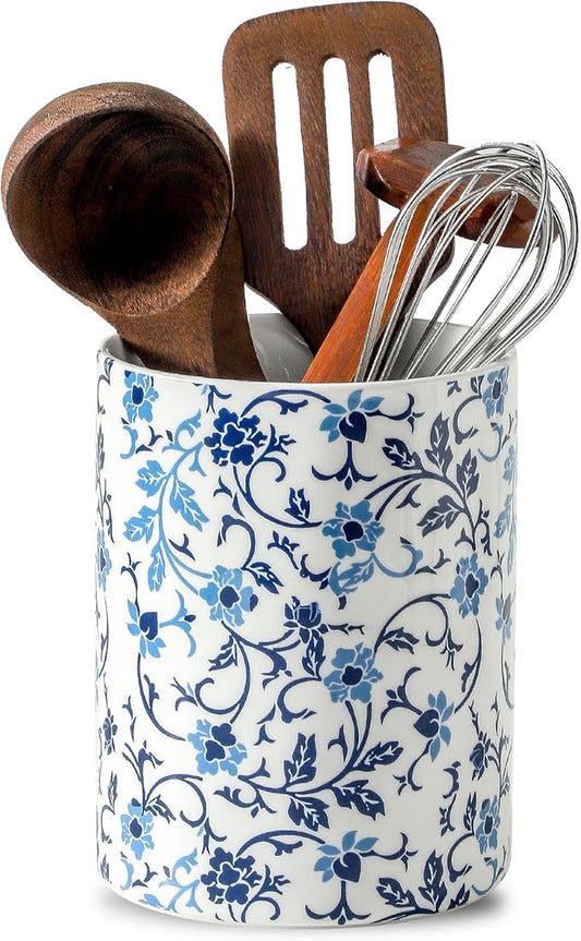 Kitchen Utensil Holder for Tools, Spatula Holder Extra Large Utensil Crocks for Countertop, Blue and White utensil holder Ceramic Apartment Essentials (7.2in×6.2in