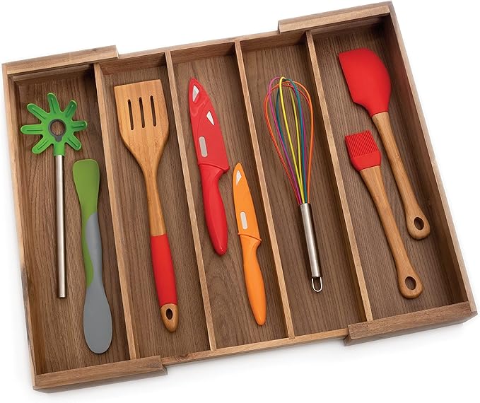 Lipper International Acacia Wood Expandable Flatware Drawer Organizer for Kitchen Utensils, Silverware, or Home Office Supplies, 12 3/4" to 23" Wide x 18" Deep x 2 1/2" High