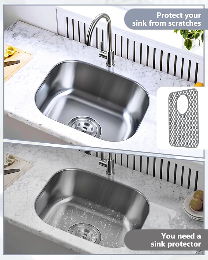 BEHOK 2 Pack Silicone Sink Protectors for Kitchen Sink, Lozenge Pattern 13 x 11 Inches Sink Mat, Non-Slip and Durable Sink Protector Silicone, Rear Drain, Gray