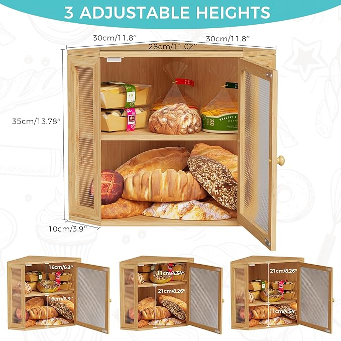 BEWISHOME Bread Box for Kitchen Countertop,Double Layer Bamboo Wood Large Capacity Bread Storage Bin, Bread box with Acrylic Wavy Door Panel(Meduim)
