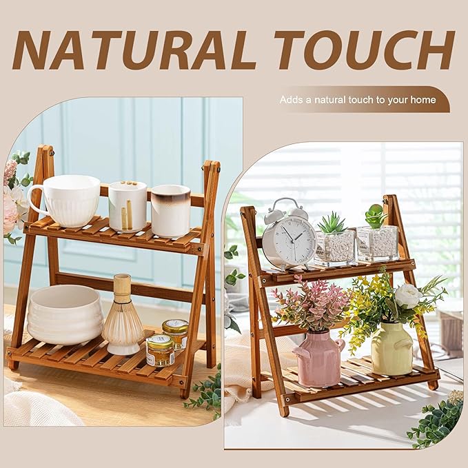 Matcha Station Shelf, 11.8'' Coffee Station Organizer, 2 Tiers Bamboo Mug Holder Countertop, Desktop Flower Pot Rack for Home Living Room Window Sill Foldable Display Storage Shelf(Brown)