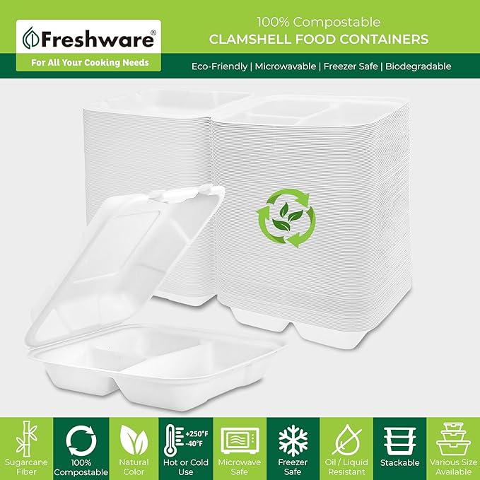 Freshware Clamshell Food Containers with Lids [8x8"] 3-Compartment 100-Pack, Disposable To Go Containers, Biodegradable Sugarcane To Go Boxes - Paper Container - Microwave & Freezer Safe, Stackable