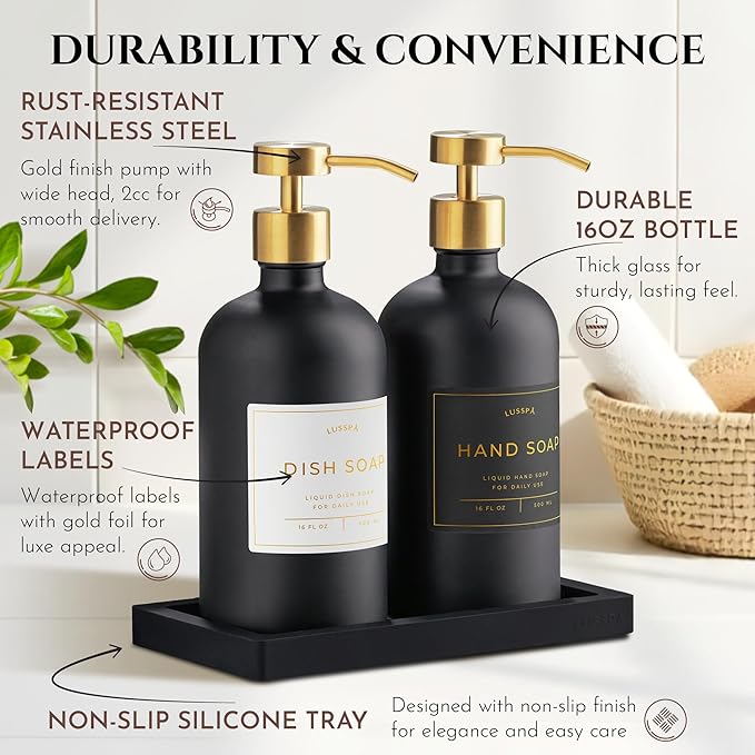 Lotion, Hand & Dish Soap Dispenser for Kitchen & Bathroom | Soap Dispenser Set of 2 16.8 Oz Glass Bottles with Stainless Steel Pump, 15 Water Proof Labels & Silicon Tray (Black/Gold)