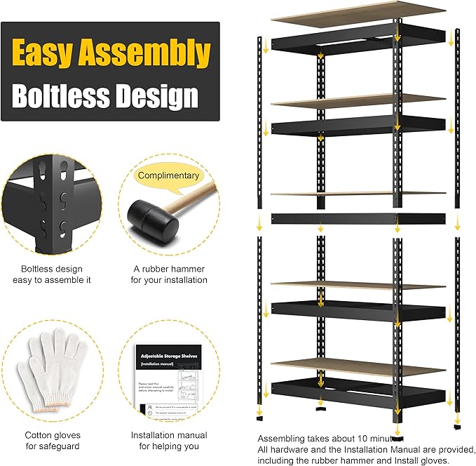 PrimeZone Heavy Duty Storage Shelves - 5 Tier 35.5" W x 15.75" D x 71" H Adjustable Garage Storage Shelving, Metal Storage Utility Rack Shelf Unit for Warehouse Pantry Closet Kitchen, Black