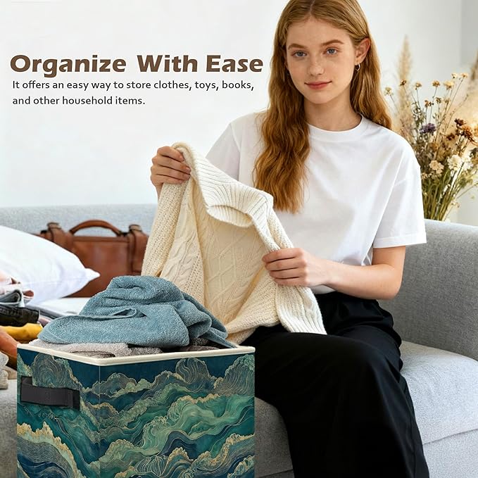 Abstract Waves Japanese Storage Box Bins, Blue and Green Oriental Japandi Collapsible Storage Basket Organizer for Bedroom Laundry Room Home Clothes Toys Books, Toybox for Kids