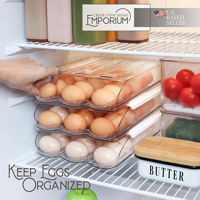 Creekview Home Emporium Egg Container for Refrigerator - Clear Stackable 3 Tier Plastic Egg Holder Drawer - 4 Dozen Capacity Farm Eggs Organization Storage Trays for Fridge or Kitchen Counter