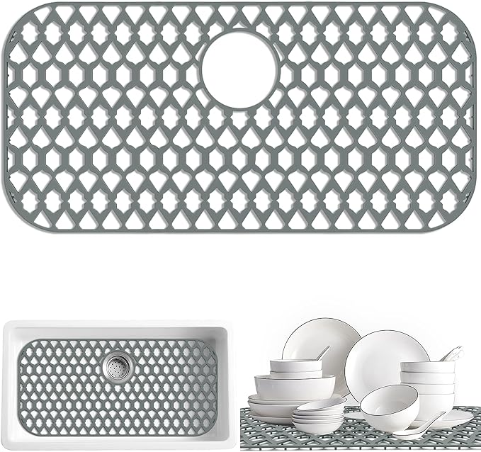 SAMSIER Sink Protectors for Kitchen Sink, Kitchen Sink Accessory - Silicone Mats Grid for Stainless Steel Strainer Bottom of Farmhouse Porcelain sinks (28”x14.4”, Rear Drain)