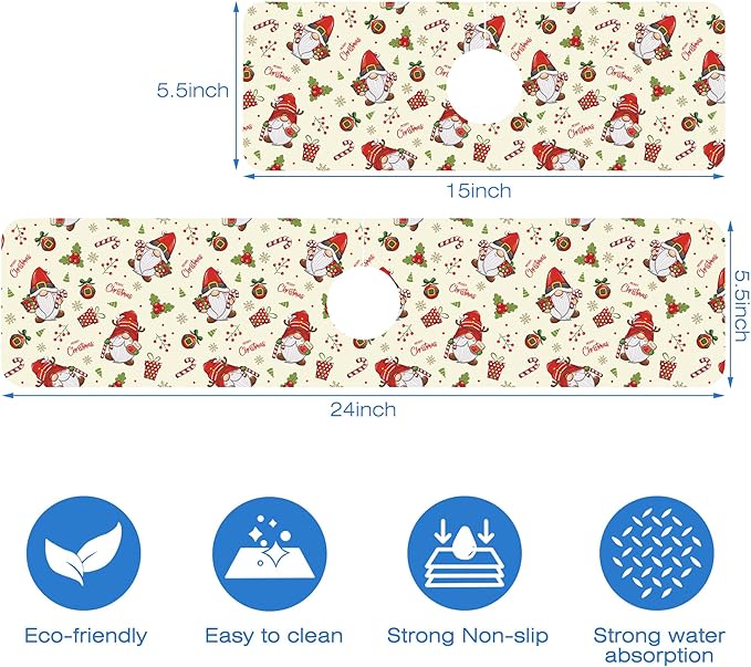 Christmas Santa Claus Kitchen Sink Splash Guard Mat Absorbent Fast Drying Mat Faucet Draining Mat Sink Splash Guard Behind Faucet Drip Catcher for Kitchen Bathroom 5.5"×15"