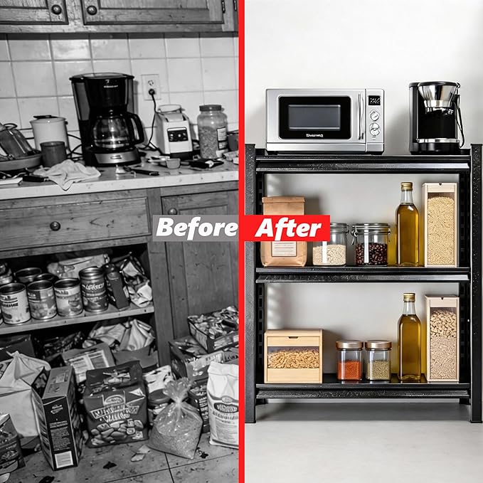 Pantry Kitchen Shelves, Metal Shelving, 3 Tier Bakers Rack With Storage Pantry Shelf, 1800 Lbs Industrial Shelving Stand, Kitchen Storage Organization Free Standing Shelves, Black 27.6"W×13.8"D×31.5"H