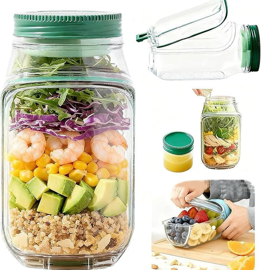 Original salad container with green lid, 32-ounce food storage jar, suitable for meal prep, lunch, travel, portable (1 piece) with a complimentary stylish fork
