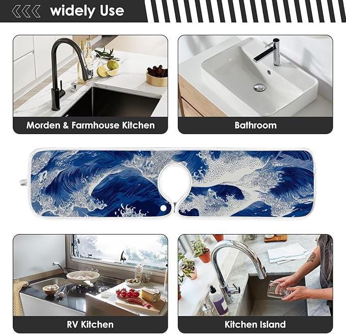 2 PCS Kitchen Sink Splash Guard 14.9 Inch Faucet Mat for Kitchen Sink Bathroom Sink Faucet Absorbing Drip Drain Mat Pad Microfiber Soft Washable Blue Sea Waves