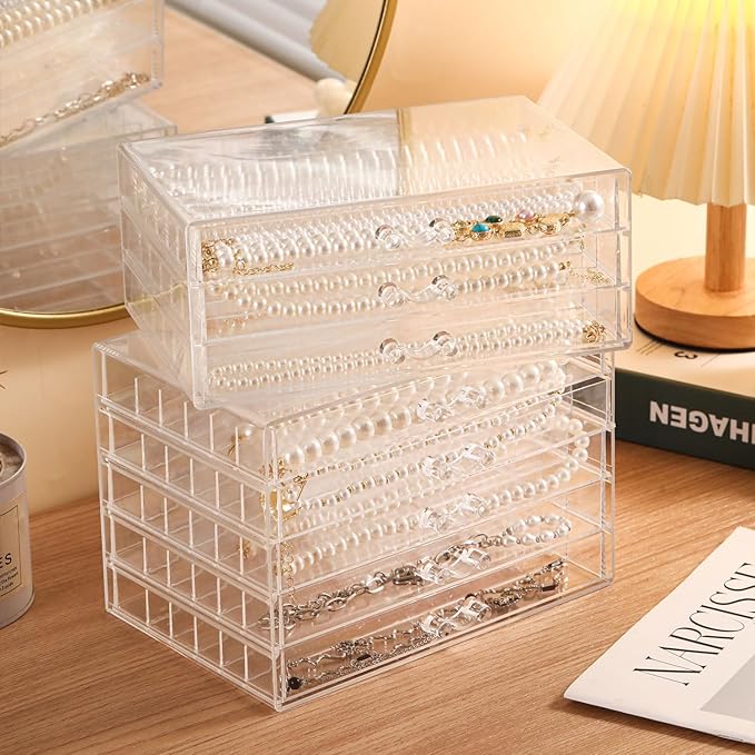 Necklace Organizer Box Tray with 3 Clear Drawers, Dustproof Necklaces Holder Storage Display Case, Necklace Tray Drawer for Pendant Suitable for Women and Girls (Transparent)