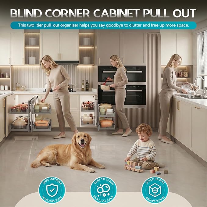 Blind Corner Cabinet Pull Out Organizer, Heavy-Duty Magic Corner Shelves with Soft Close, 2-Tier Full Extension Baskets for 13",14.1",15.3",16.9" Kitchen Cabinets, Left & Right Compatible