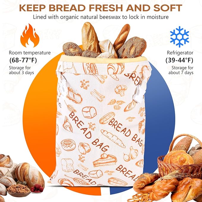 2Pack Reusable Bread Bags for Homemade Bread Organic Beeswax Cotton Bag -Fresh KeepingSourdough Storage Bag Thicker Organic Beeswax 17x12in Food Storage with Snap Closure（Yellow Pattern）