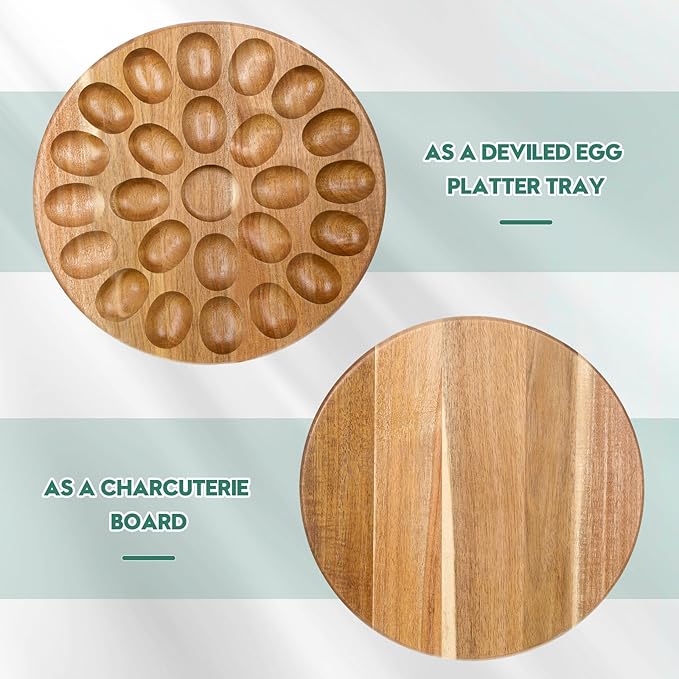 Lounsweer Reversible Wood Deviled Egg Platter and Charcuterie Board Thicken Tray Countertop Refrigerator Chicken Egg Containers Carrier for Easter Christmas(Acacia Wood)