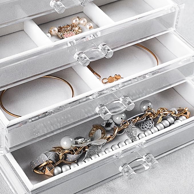 Frebeauty Extra Large Acrylic Jewelry Box for Women 5 Layers Clear Jewelry Organizer Velvet Earring Box with 5 Drawers Rings Display Case Necklaces Holder Tray for Women Girls (White)