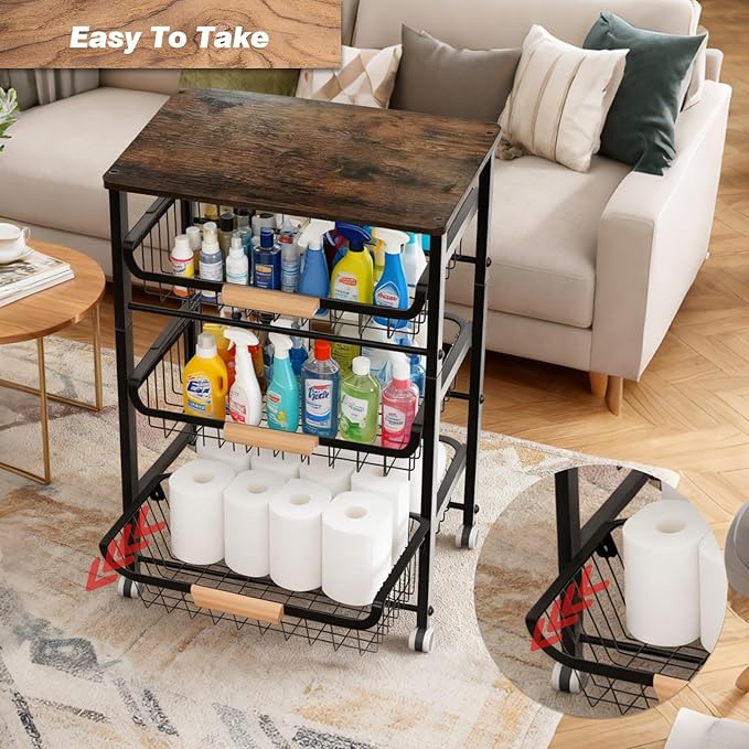 4-Tier Fruit Basket for Kitchen Counter Utility Organizer Carts on Wheels&Wood Top with Storage, Rolling Kitchen Cart for Pantry, Living Room (Black)