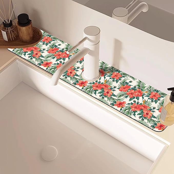 Tropical Leaves and Red Floral Kitchen Sink Splash Guard Mat Absorbent Fast Drying Mat Faucet Draining Mat Sink Splash Guard Behind Faucet Drip Catcher for Kitchen Bathroom 5.5"×24"