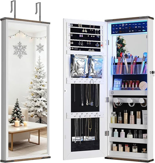 43.5" Over the Door Jewelry Organizer, Mirror with Storage and Lockable, Full Length Mirror Cabinet with Hanging Holder & Built-in Lights Makeup Mirror, Women/Girls (Elegant White)