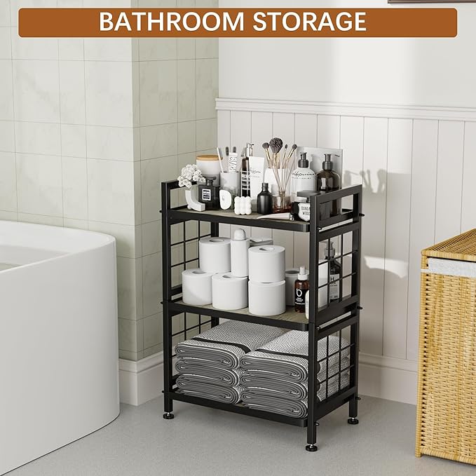 GIOTORENT 3-Tier Pantry Shelves with Wooden Boards, Heavy Duty Storage Shelves & Book Shelf, Adjustable Metal Shelving Unit for Kitchen Bathroom Laundry Organizer, Sturdy Rust-Resistant, Black