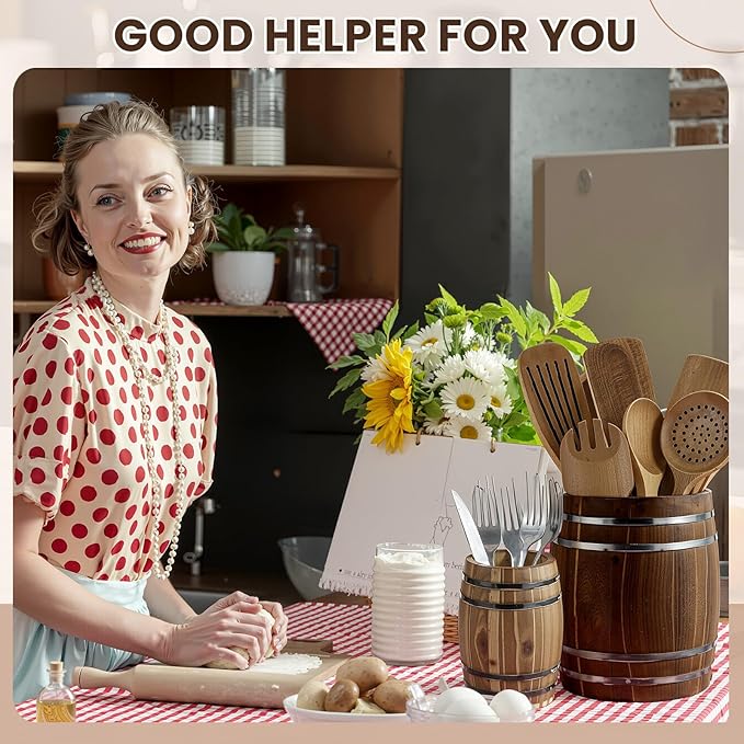 Honeydak 2 Pcs Wood Wine Barrel Kitchen Utensil Crock 7"+5.3" Vintage Rustic Burnt Cooking Tool Holder Western Wine Barrel Vase Planter Cooking Tool Holder Farmhouse Wedding Party Decoration