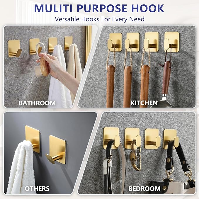 GARGIER Gold Adhesive Hooks for Wall Hanging - Fit for Coat Door Towel Hooks for Bathrooms Decorative Kitchen Shower Glass Wall 304 Stainless Steel Robe &Towel Hooks Brushed Gold 4 Packs
