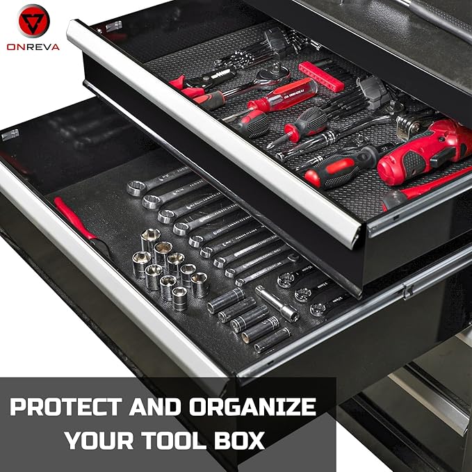 ONREVA Tool Box Liner 12 inch Wide x 16 Ft Large, Toolbox Drawer Liners, Heavy Duty Shelf Rubber Mat, Non Slip Pad Organizer for Rolling Tool Chest Drawers, Cabinet, Workbench, Black