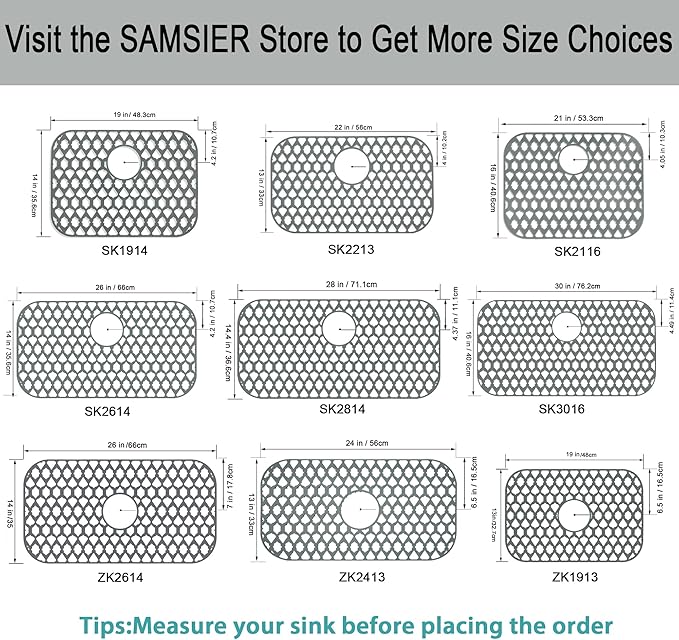 SAMSIER Sink Protectors for Kitchen Sink, Kitchen Sink Accessory - Silicone Mats Grid for Stainless Steel Strainer Bottom of Farmhouse Porcelain sinks (24”x13”, Center Drain)