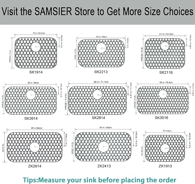 SAMSIER Sink Protectors for Bottom of Kitchen Sink 13x11 &16x12 &21x16 &22x13 &24x13 &26x14 &28x14 &30x16, Large Farmhouse Silicone Mats Grid (19”x14”, Rear Drain)