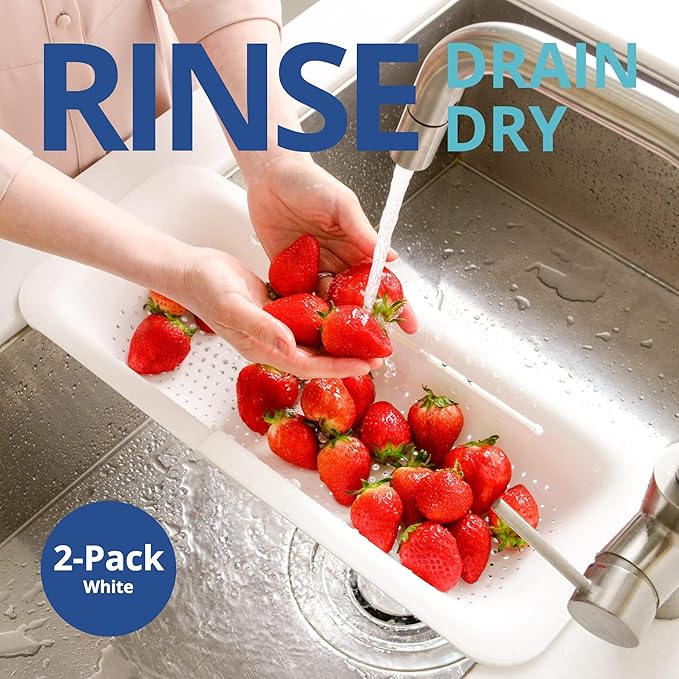 BLUE GINKGO Sink Colander Baskets - (Pack of 2) Wash Vegetables and Fruits, Drain Cooked Pasta and Dry Dishes - Extendable - New Home Kitchen Essentials (2 White)