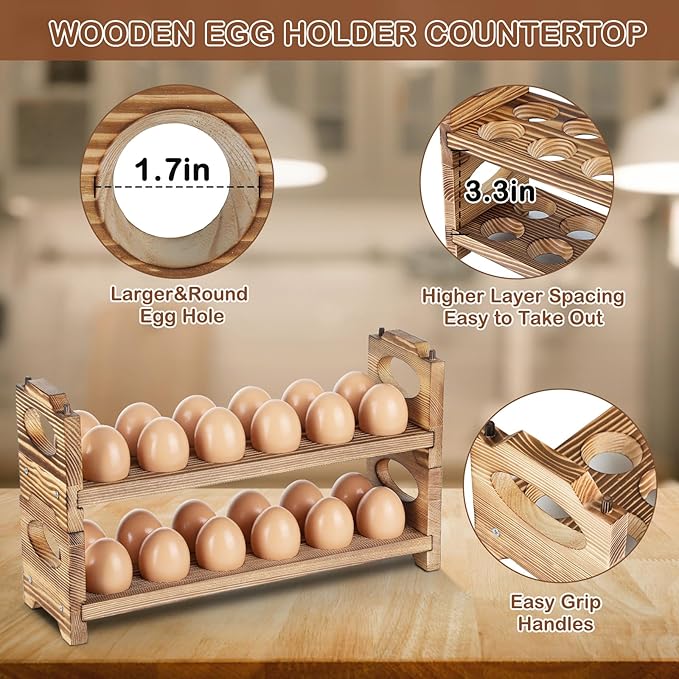 AOOHOOA Wooden Egg Holder with 4 Layers/48-Hole, Stackable Wood Egg Rack Countertop with Handle, Stores Chicken/Duck/Quail/Turkey/Easter Eggs