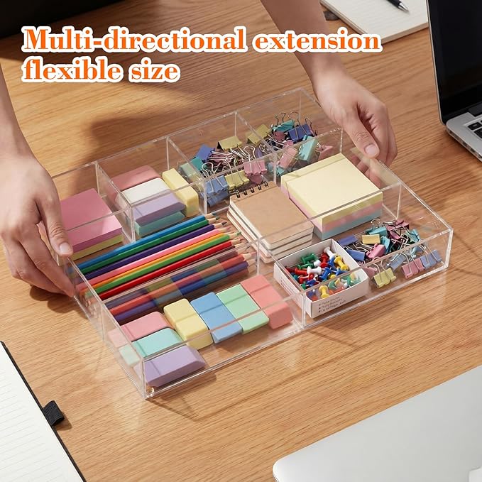 Clear Acrylic Desk Drawer Organizer Storage Tray Organizer for Pens, Stationery, Desktop, Office, Bathroom, Kitchen, Makeup Supplies(7 Compartments)