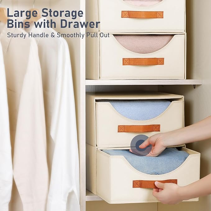 DIMJ Closet Organizers and Storage - 4 Pack Fabric Storage Bins with Drawers, Collapsible Clothes Organizers Stackable Drawers for Closet, Bedroom, Living Room, Shelf, Wardrobe