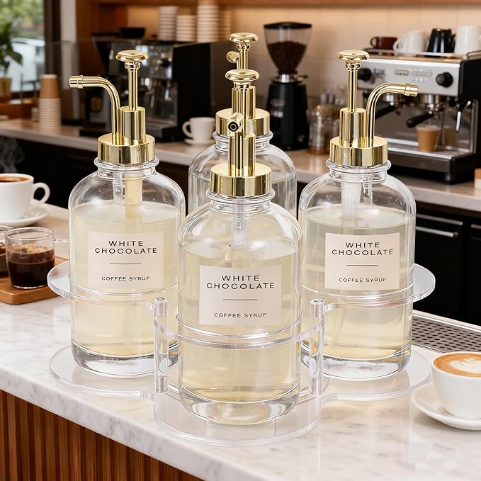 IEEK Rotating Coffee Syrup Organizer,Syrup Bottle Holder for Coffee Syrup Dispenser 16.9oz,Clear Acrylic Coffee Syrup Rack for Coffee Bar Station Countertop,Coffee Syrup Turntable Tray