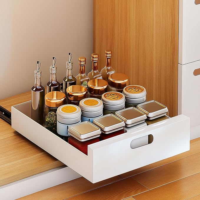 21'' Deep Pull Out Cabinet Organizer Adhesive, 10-Inch Wide Sturdy Carbon Steel Cabinet Drawers Slide Out, Pantry Storage Shelves for Kitchen, Bathroom and Living Room