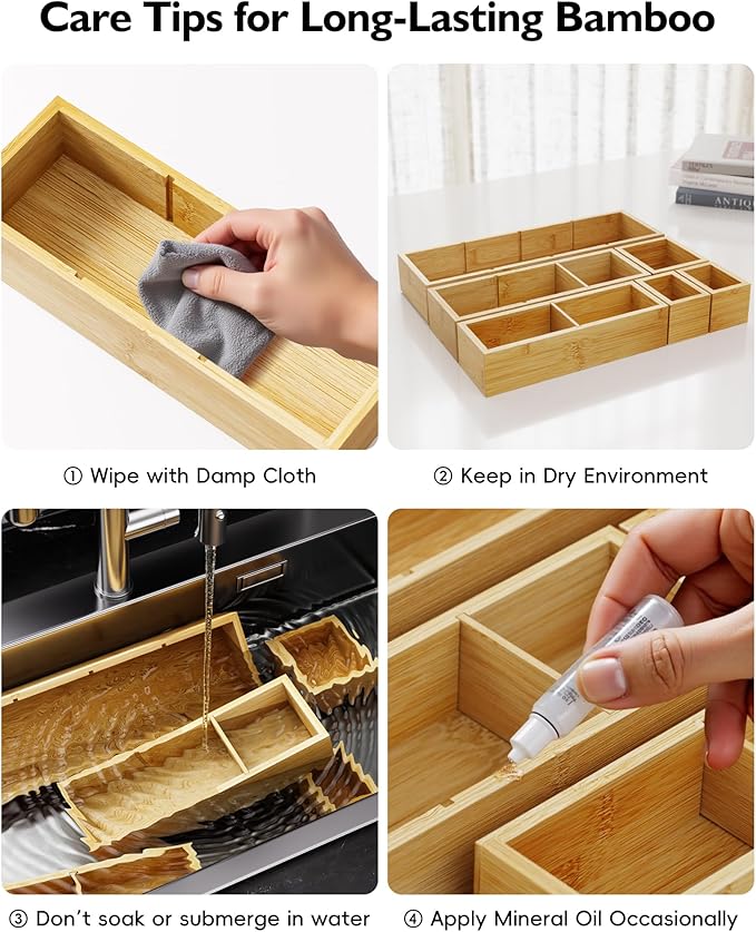 12-Piece Bamboo Desk Drawer Organizer Set – Adjustable Storage Boxes with 24 Compartments, Non-Slip, Modular Design for Office, Jewelry, Vanity, and Kitchen Utensil Drawer Storage