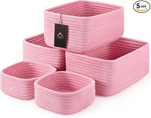 5-Pack Small Woven Rope Storage Baskets – 2 Sizes Organizer Bins for Closet, Shelf, Bookshelf, Nursery, Changing Table, Fabric Cube Boxes, Rectangular Shallow Bins for Bathroom, Toy & Home
