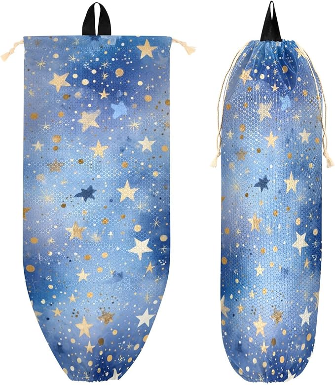 Plastic Bag Holder Wall Mount Grocery Bag Shopping Bag Storage Holder Organizer Dispenser with Adhesive Hook,for Kitchen Bathroom Home Decor 9x22 Inches Blue Romantic Golden Stars24