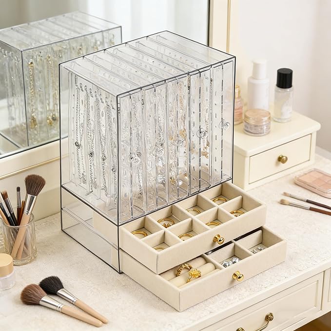 Greenfeather Jewelry Organizer with 7 Removable Drawers, Clear Acrylic Jewelry Box with 40 Necklace Hooks, 120 Pairs of Earring Holes, 2 Velvet-Lined Drawers for Rings, Necklaces, Earrings,Off-White