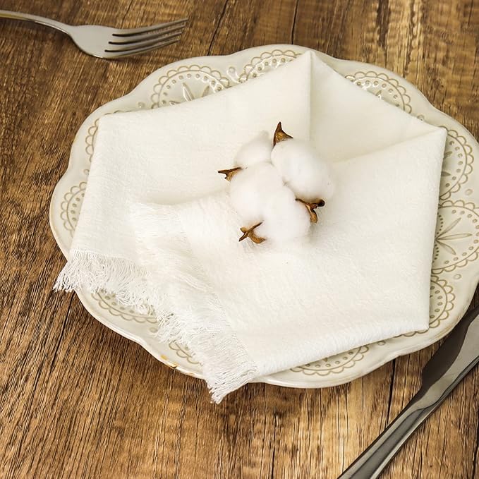 Handmade Cloth Napkins with Fringe,18 x 18 Inches Cotton Linen Napkins Set of 4 Versatile Handmade Square Rustic Fringe Napkins for Dinner, Wedding and Parties, White