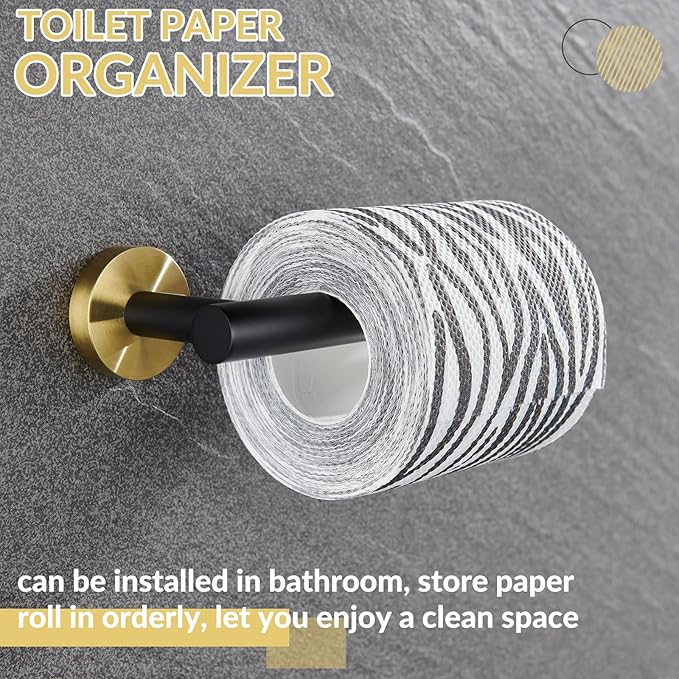 Toilet Paper Holder, APLusee Stainless Steel Half Open Round Tissue Roll Hanger, Bathroom Kitchen Wall Storage (Black & Gold)
