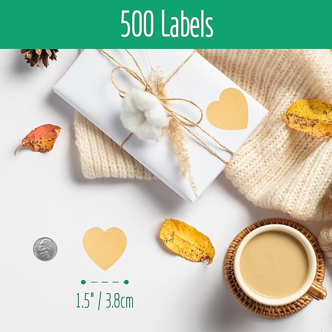 500 Heart Shaped Kraft Stickers, Natural Brown Round Blank Labels with Permanent Adhesive Color Code Kraft Stickers with Perforation Line for Crafts, Organizing, Personal and Business Use (Each 1.5")