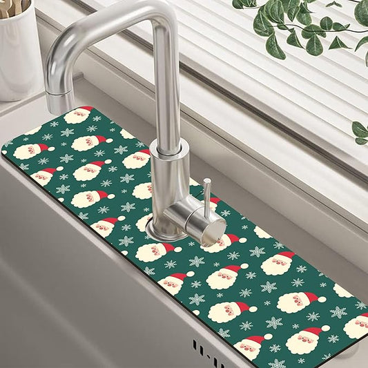 Christmas Kitchen Sink Splash Guard Mat Santa Claus and Snowflakes Sink Splash Guard Faucet Mat Draining Mat Fast Drying Sink Protectors for Kitchen and Bathroom 5.5"×24"