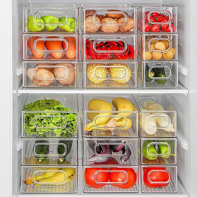 Kingrol 8 Pack Plastic Storage Bins for Freezer, Pantry, Countertop, Cabinet Organization, Stackable Food Storage Organizer with Handles, BPA Free, 10 x 6 x 3 Inch, 10 x 4 x 3 Inch