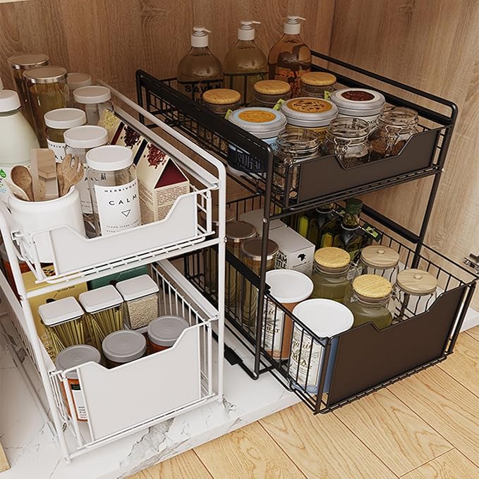 Pull Out Cabinet Organizer, 2-Tier Storage Wire Baskets With Sliding Storage Drawer, Carbon Steel Sliding Drawer Shelf Baskets for Kitchen Pantry Bathroom14.7''D×11.1''W×17.32''H