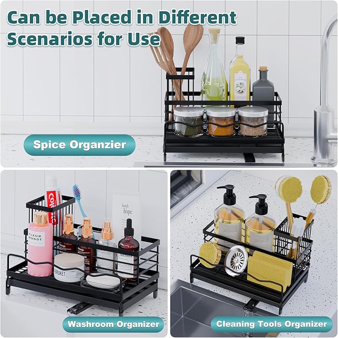 Sponge Holder for Kitchen, Sink Caddy with Tall Brush Holder & Quick-Drain Tray, 360° Swivel Spout, Stainless Steel Sink Organizer, All-in-One Organizer for Sponges, Brushes & Soap