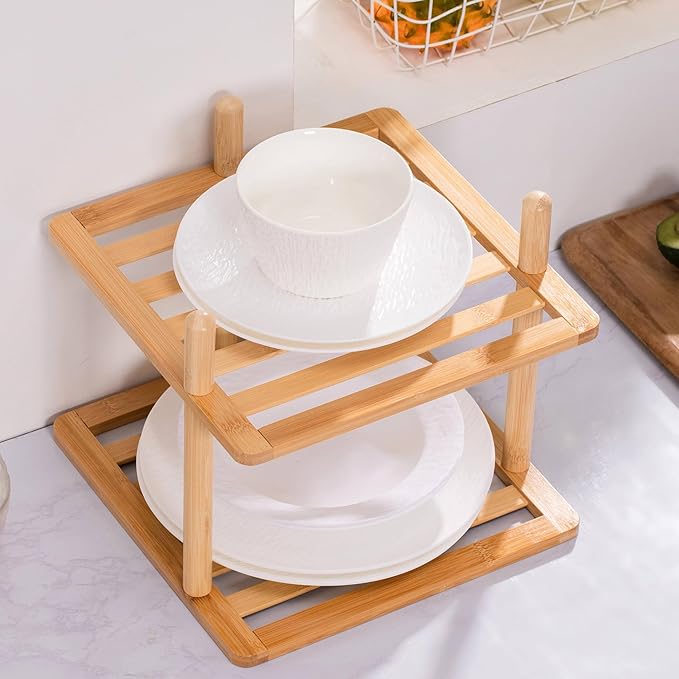 2-Tier Cabinet Organizer Shelf - Bamboo Corner Rack for Kitchen Counter, Cabinet Space Saver for Plates, Dishes, Bowls, Bread - Pantry and Bathroom Storage or Countertop(1, 6.7" H-Large)